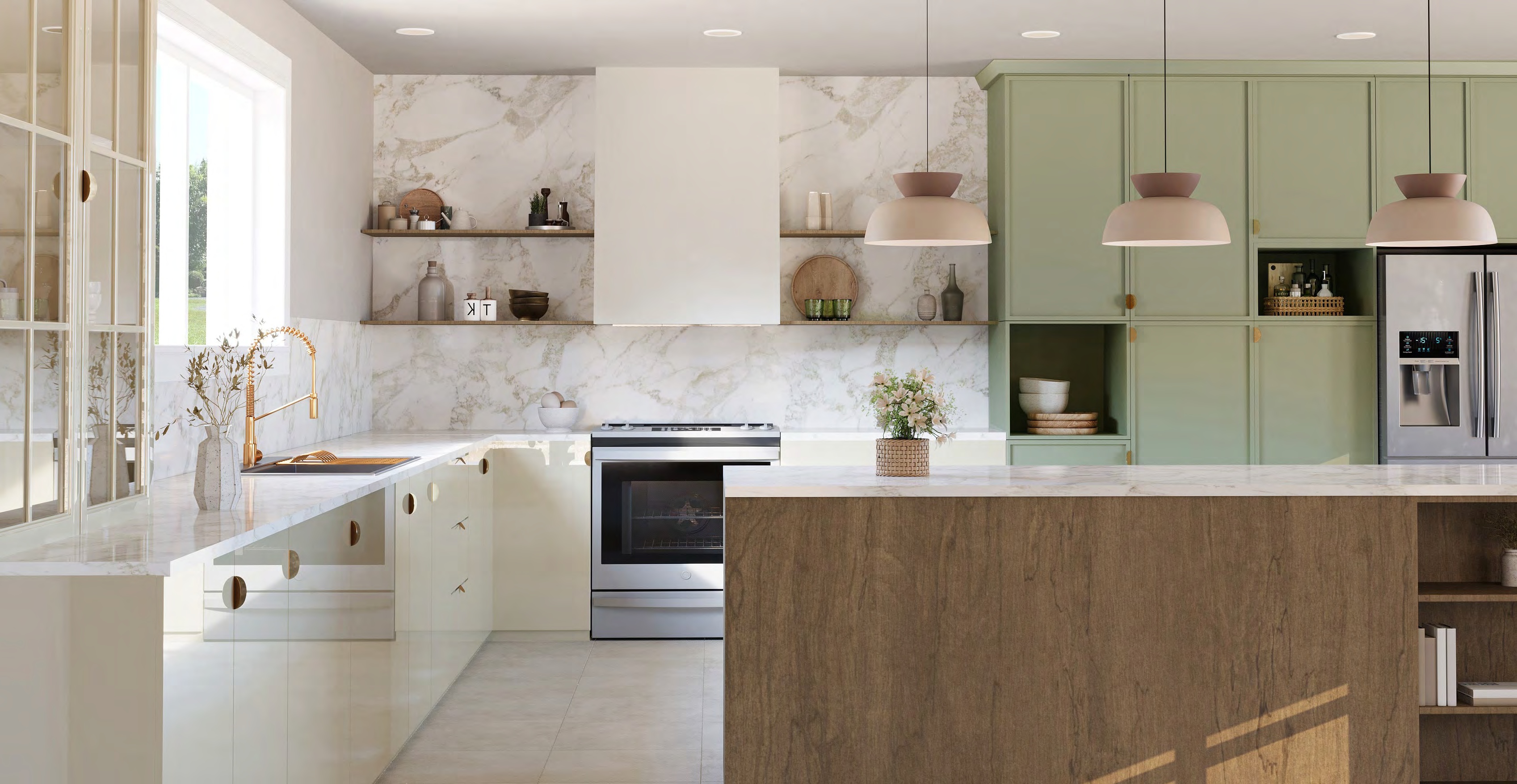 Inspiration HausID ONE : cuisine lumineuse aux armoires sauge, îlot en bois et surfaces claires.