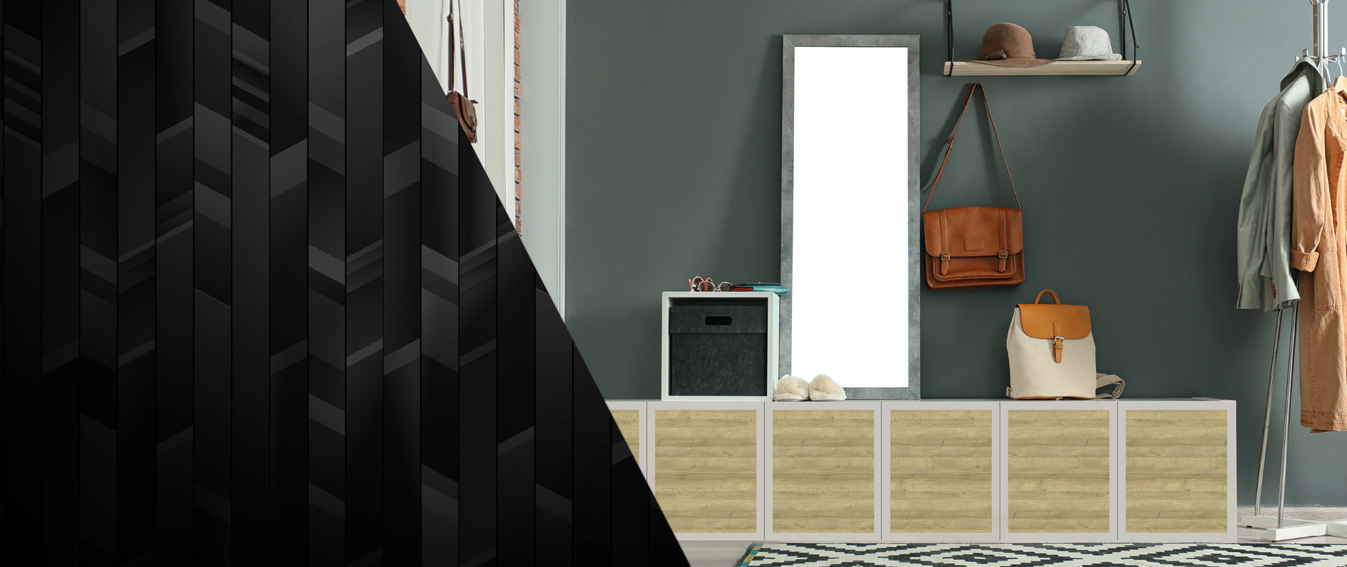 RAUM : composition de rangement pour une entrée, avec modules et miroir.